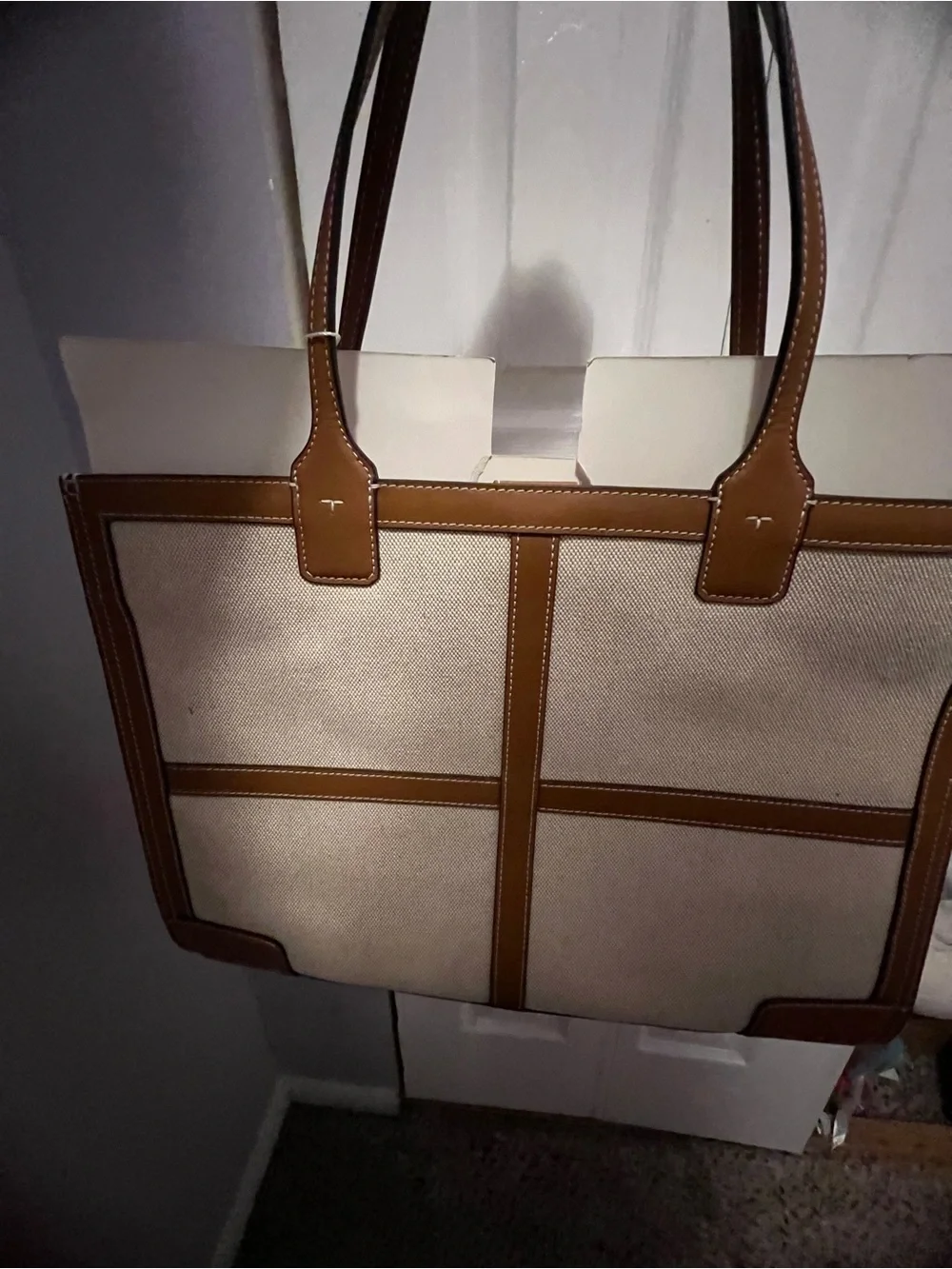 Tory Burch Cream Canvas Tote with Brown Leather Trim and Logo Pouch. Brand New